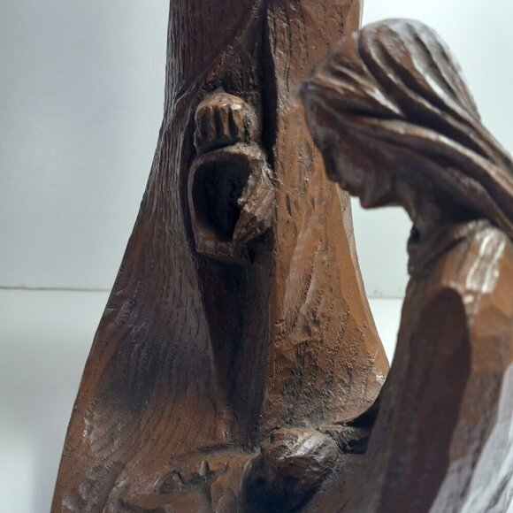 Holy Family Religious Woodgrain Statuette Vintage Resin Dk. Mid Century 1960s - Picture 7 of 9